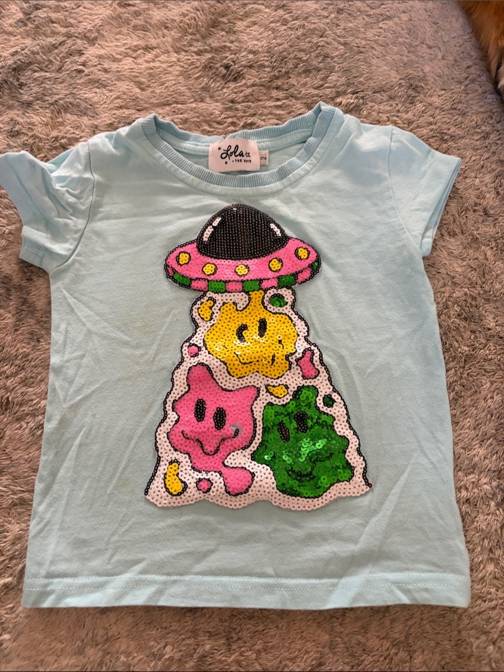 Lola + The Boys Light Blue Tee with Pink, Yellow & Green Sequin UFO